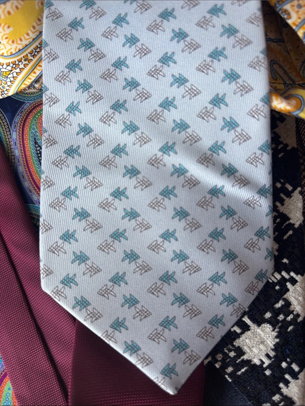 Jim Thompson Men's White Tie with Teal and Light Brown Pattern